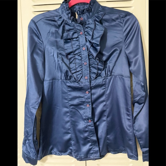 CAPITU Tops - WOMAN BLUE BLOUSE LONG SLEEVES RUFFLED NECKLINE HIGH NECK BUTTONS SIZE M